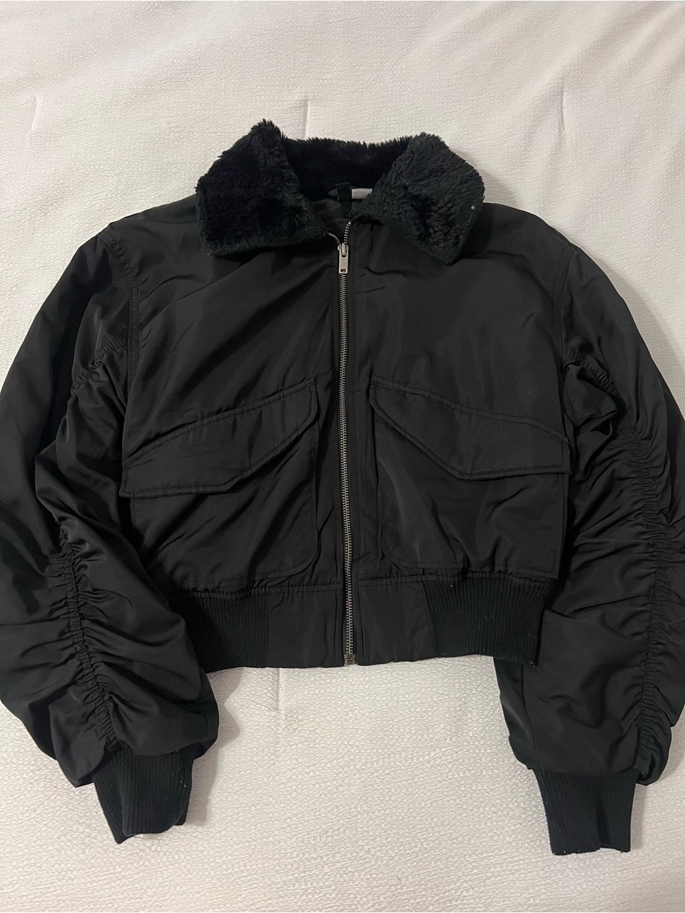 H&M Black Bomber Jacket with Faux Fur Collar
